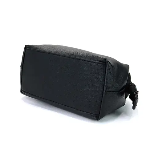 Custom gun-metal zinc alloy zipper hardware on professional black toiletry bag